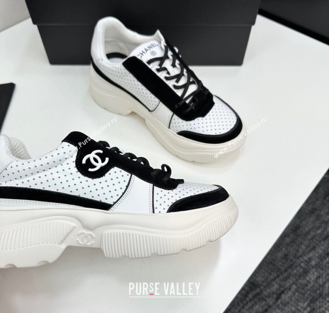 Chanel Perforated Calfskin Leather Platform Sneakers White/Black 18 2025 CH110102 (MD-251101018)