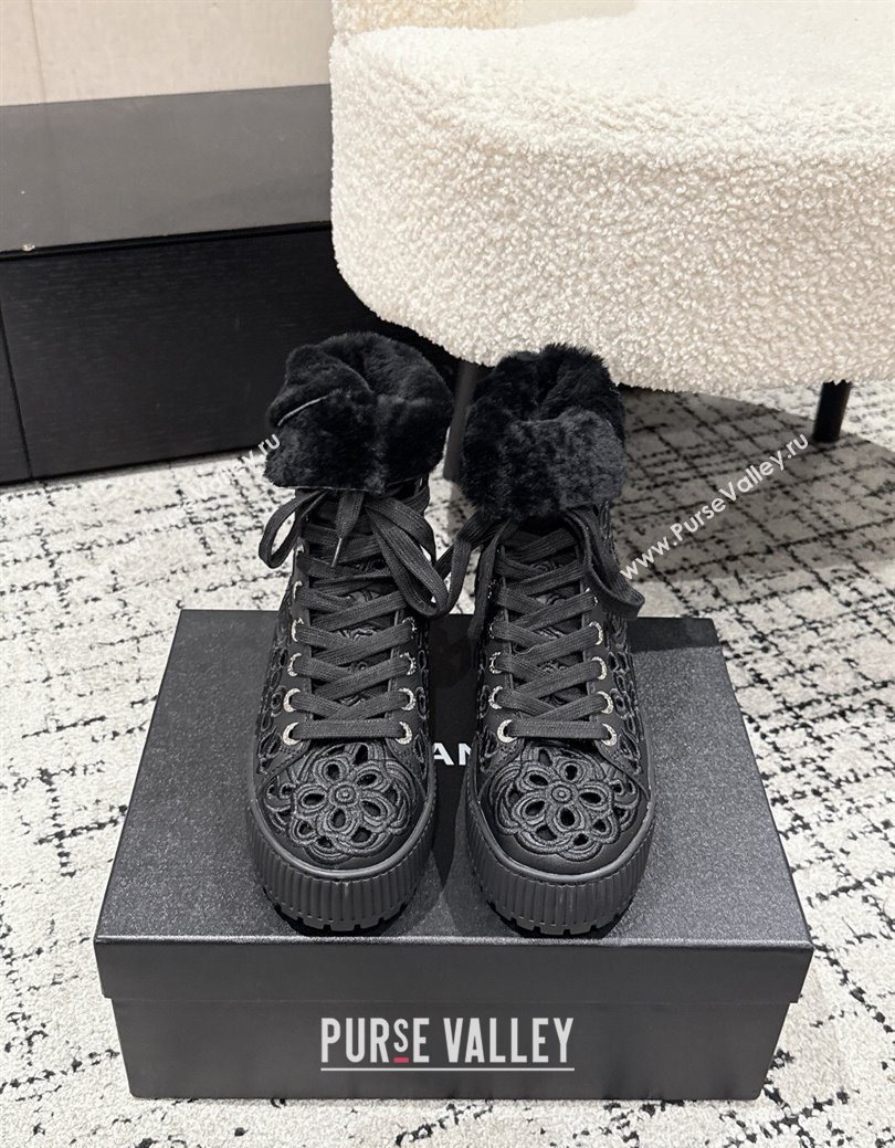 Chanel Openwork Calfskin Leather and Wool High Top Sneakers Black 2025 CH110101 (MD-251101001)