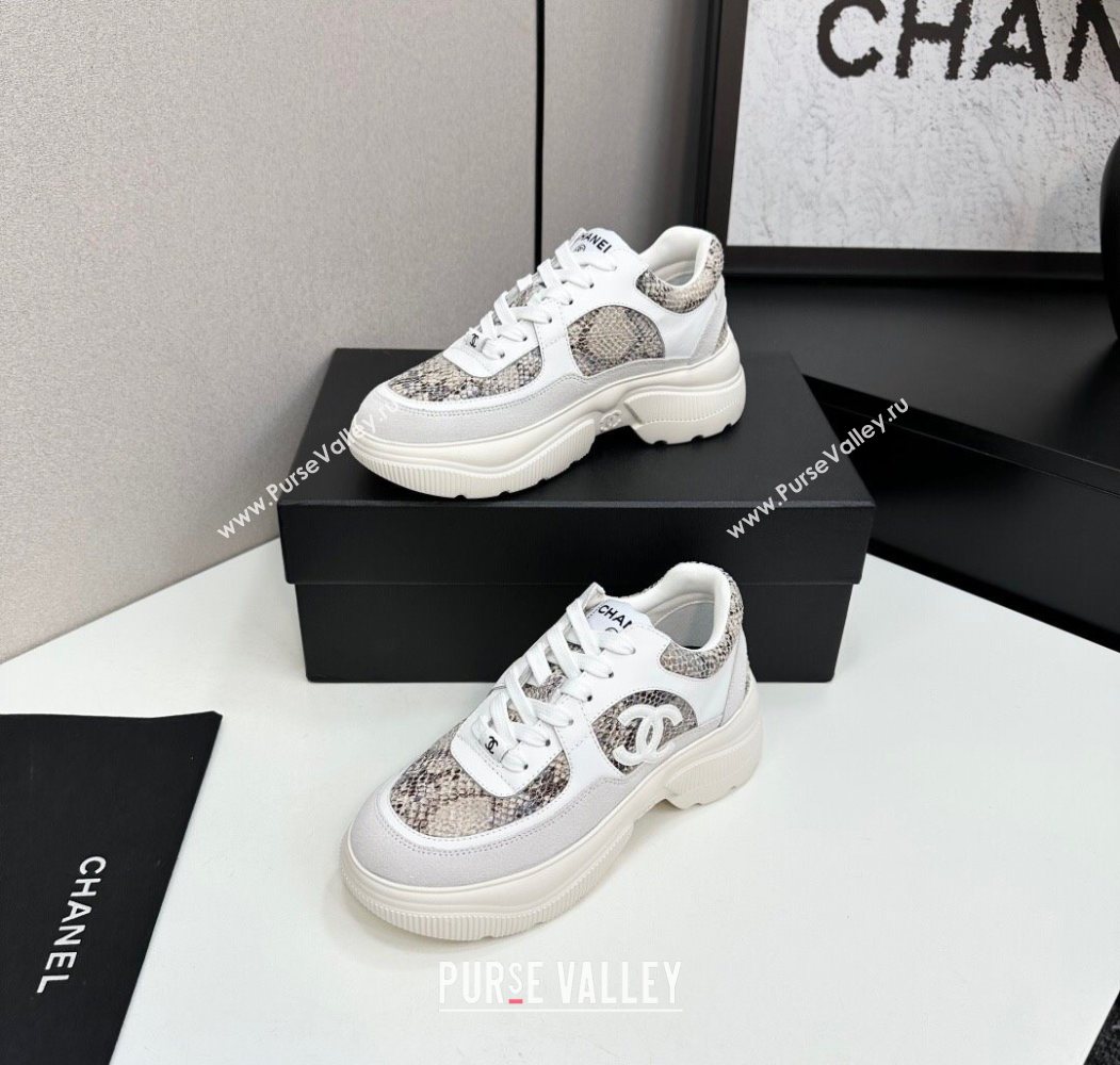 Chanel Calfskin and Snakeskin Printed Leather Platform Sneakers Grey 2025 CH110103 (MD-251101026)