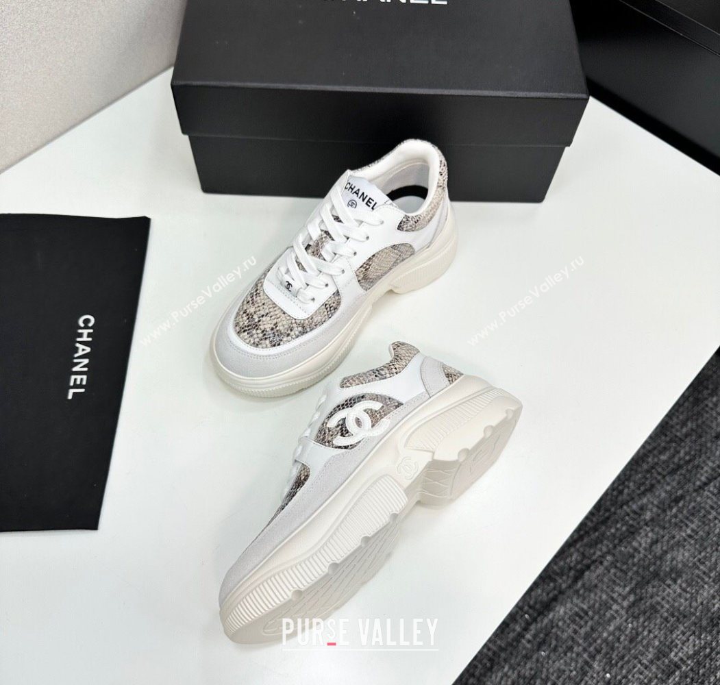 Chanel Calfskin and Snakeskin Printed Leather Platform Sneakers Grey 2025 CH110103 (MD-251101026)