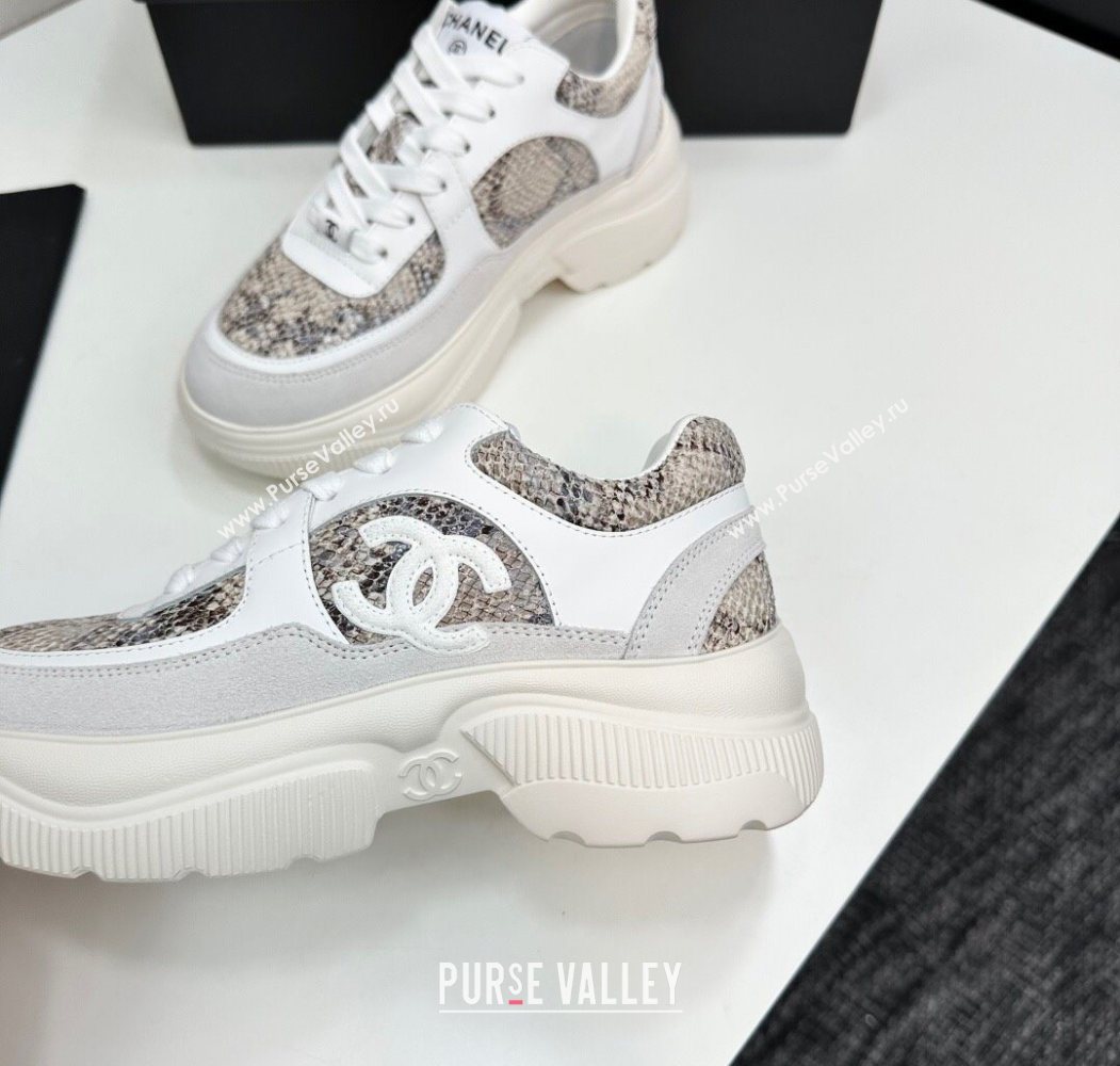 Chanel Calfskin and Snakeskin Printed Leather Platform Sneakers Grey 2025 CH110103 (MD-251101026)