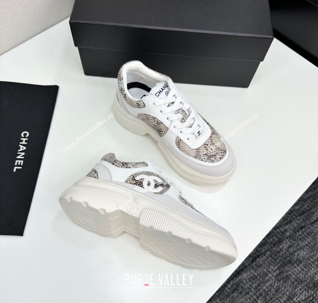 Chanel Calfskin and Snakeskin Printed Leather Platform Sneakers Grey 2025 CH110103 (MD-251101026)