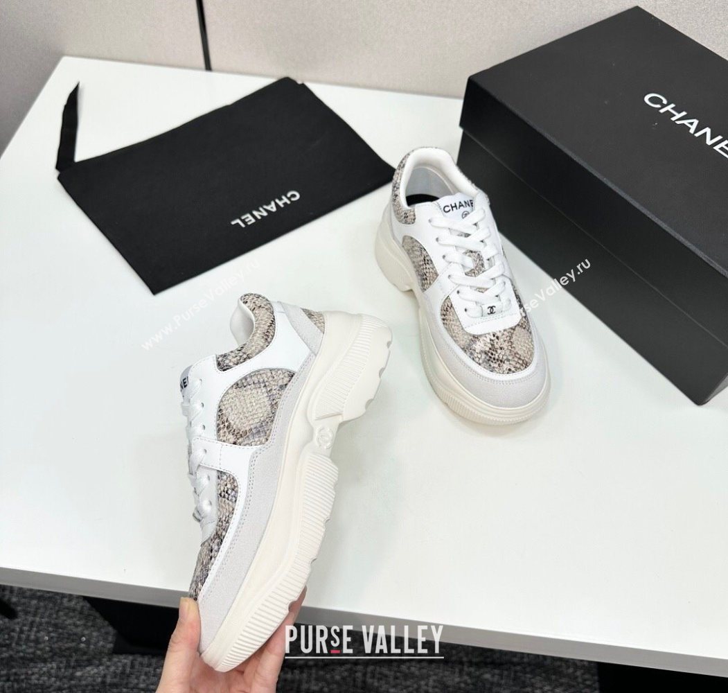 Chanel Calfskin and Snakeskin Printed Leather Platform Sneakers Grey 2025 CH110103 (MD-251101026)