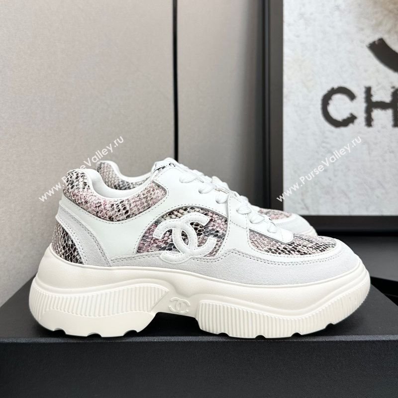Chanel Calfskin and Snakeskin Printed Leather Platform Sneakers Pink 2025 CH110103 (MD-251101028)