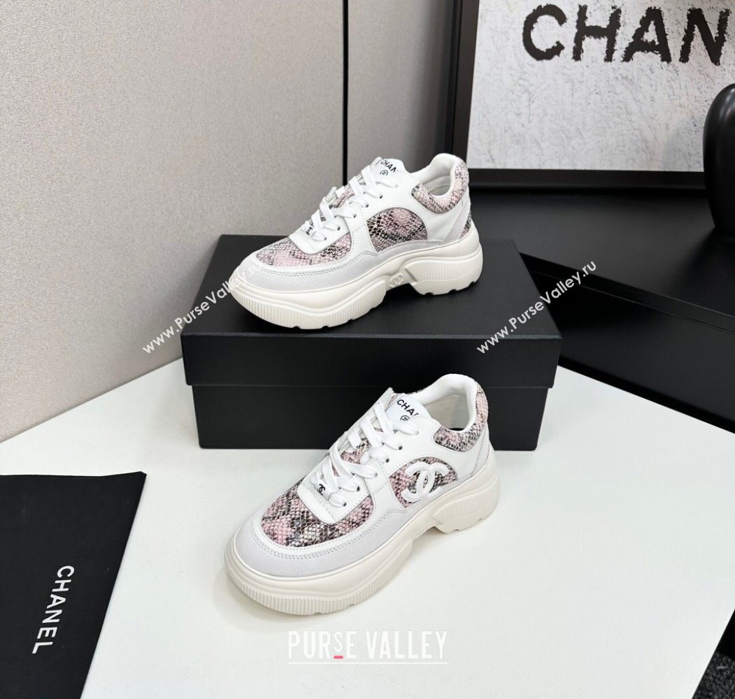 Chanel Calfskin and Snakeskin Printed Leather Platform Sneakers Pink 2025 CH110103 (MD-251101028)