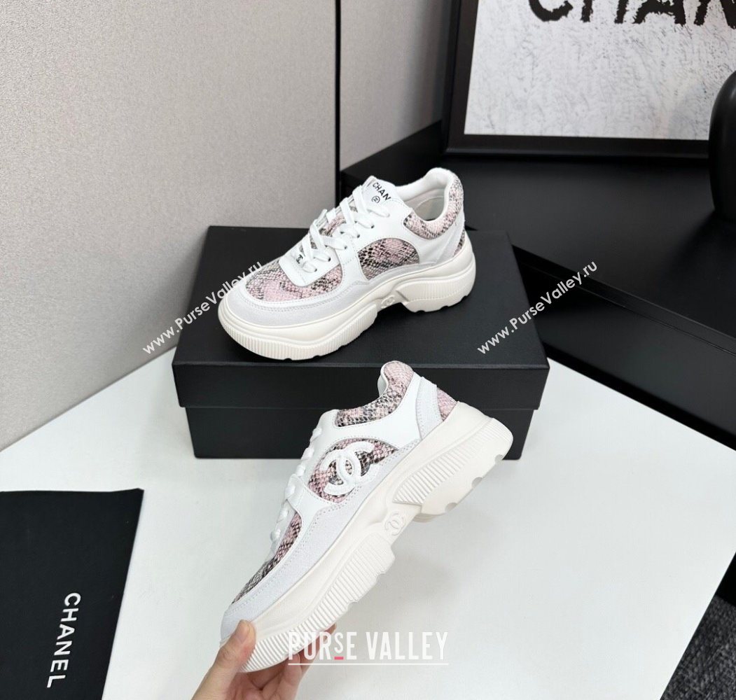 Chanel Calfskin and Snakeskin Printed Leather Platform Sneakers Pink 2025 CH110103 (MD-251101028)