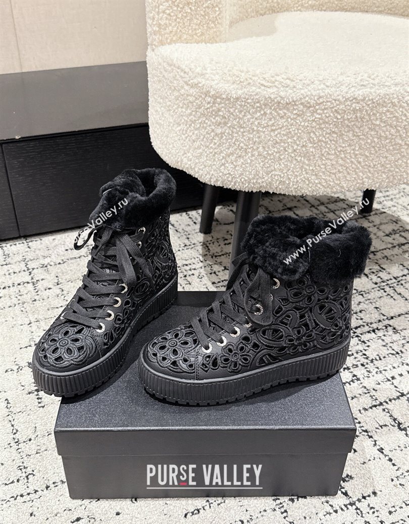 Chanel Openwork Calfskin Leather and Wool High Top Sneakers Black 2025 CH110101 (MD-251101001)