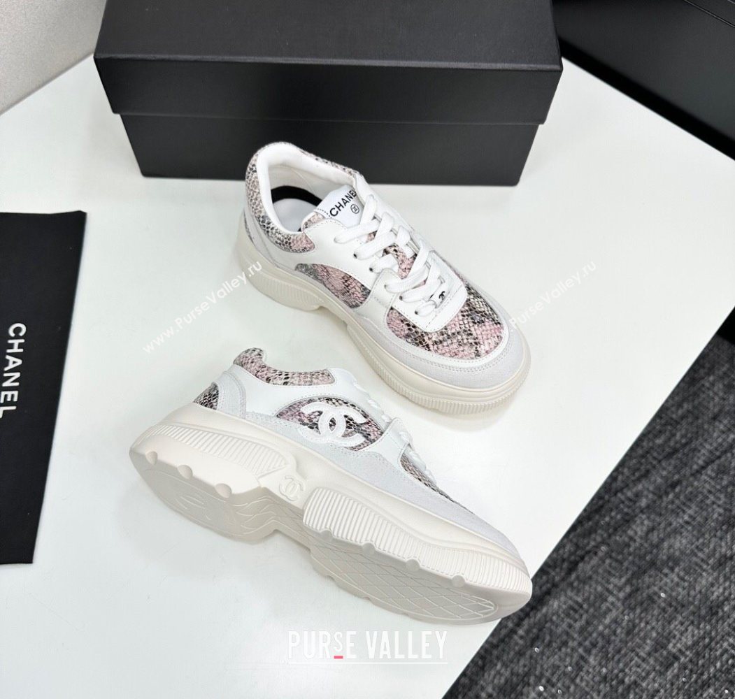 Chanel Calfskin and Snakeskin Printed Leather Platform Sneakers Pink 2025 CH110103 (MD-251101028)