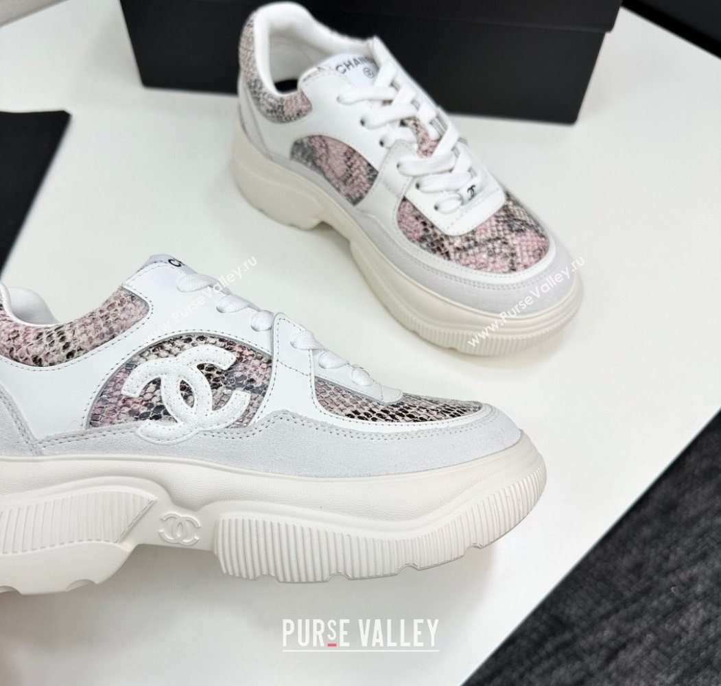 Chanel Calfskin and Snakeskin Printed Leather Platform Sneakers Pink 2025 CH110103 (MD-251101028)