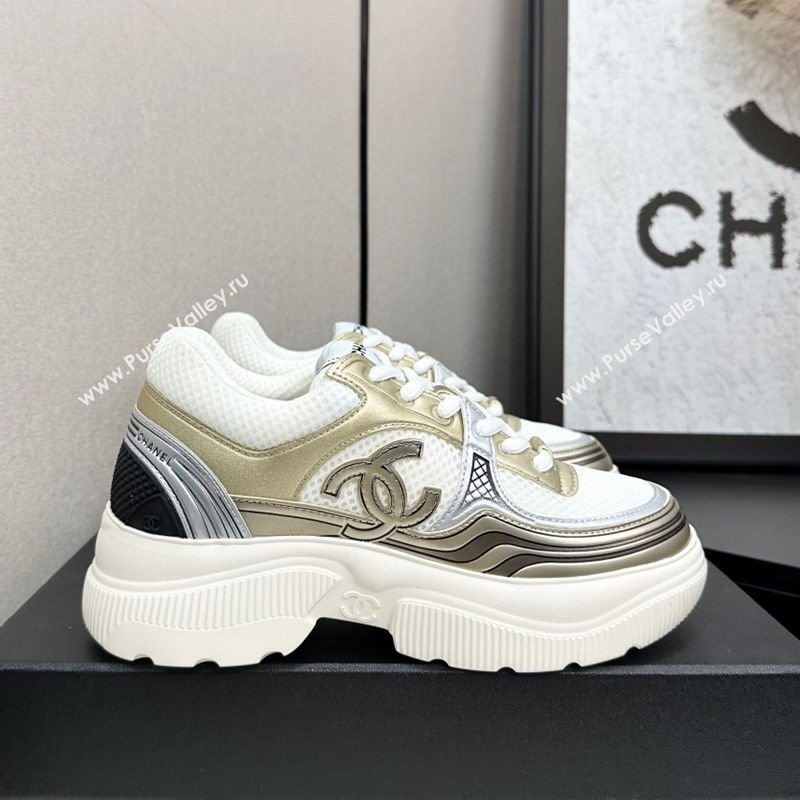 Chanel Calfskin Leather and Mesh Platform Sneakers White/Gold 2025 CH110104 (MD-251101037)