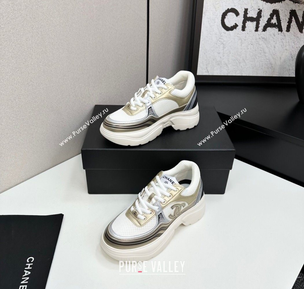 Chanel Calfskin Leather and Mesh Platform Sneakers White/Gold 2025 CH110104 (MD-251101037)