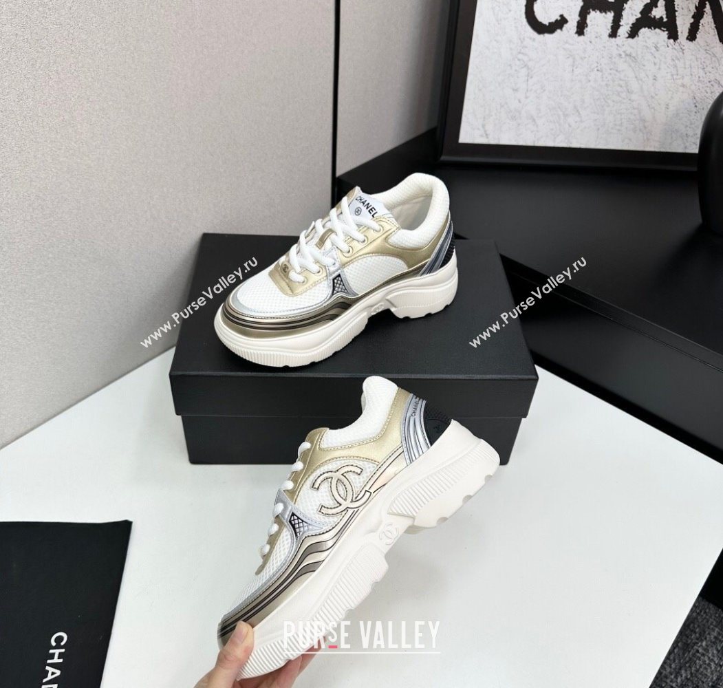 Chanel Calfskin Leather and Mesh Platform Sneakers White/Gold 2025 CH110104 (MD-251101037)
