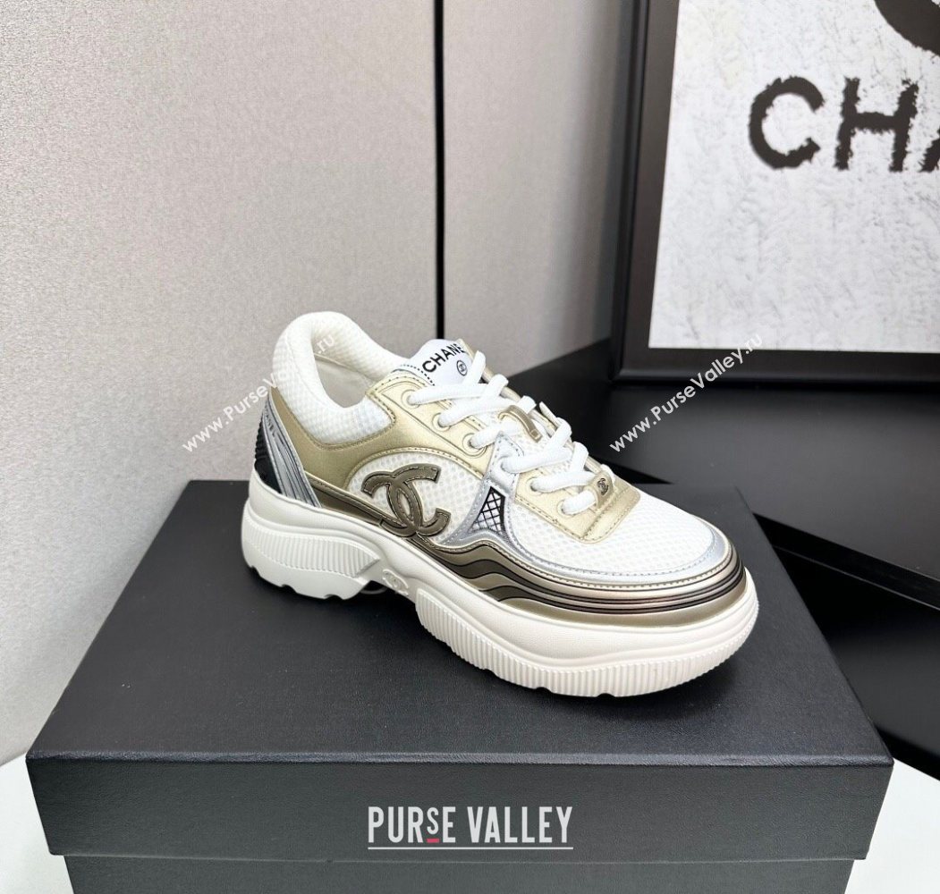 Chanel Calfskin Leather and Mesh Platform Sneakers White/Gold 2025 CH110104 (MD-251101037)