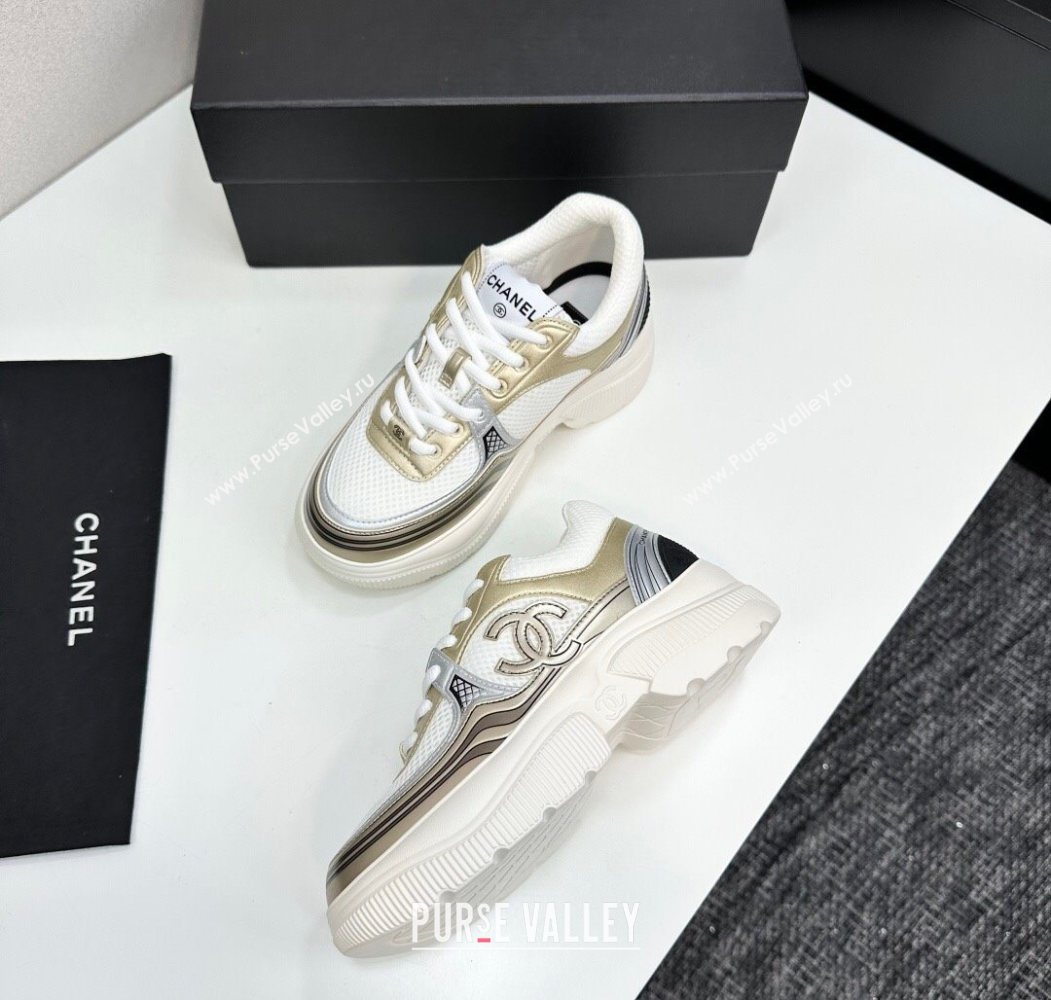 Chanel Calfskin Leather and Mesh Platform Sneakers White/Gold 2025 CH110104 (MD-251101037)