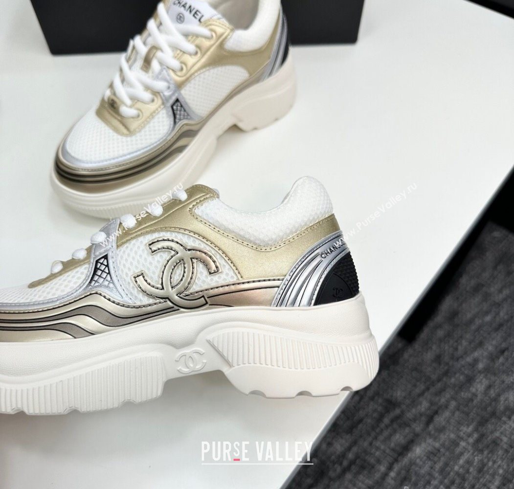 Chanel Calfskin Leather and Mesh Platform Sneakers White/Gold 2025 CH110104 (MD-251101037)