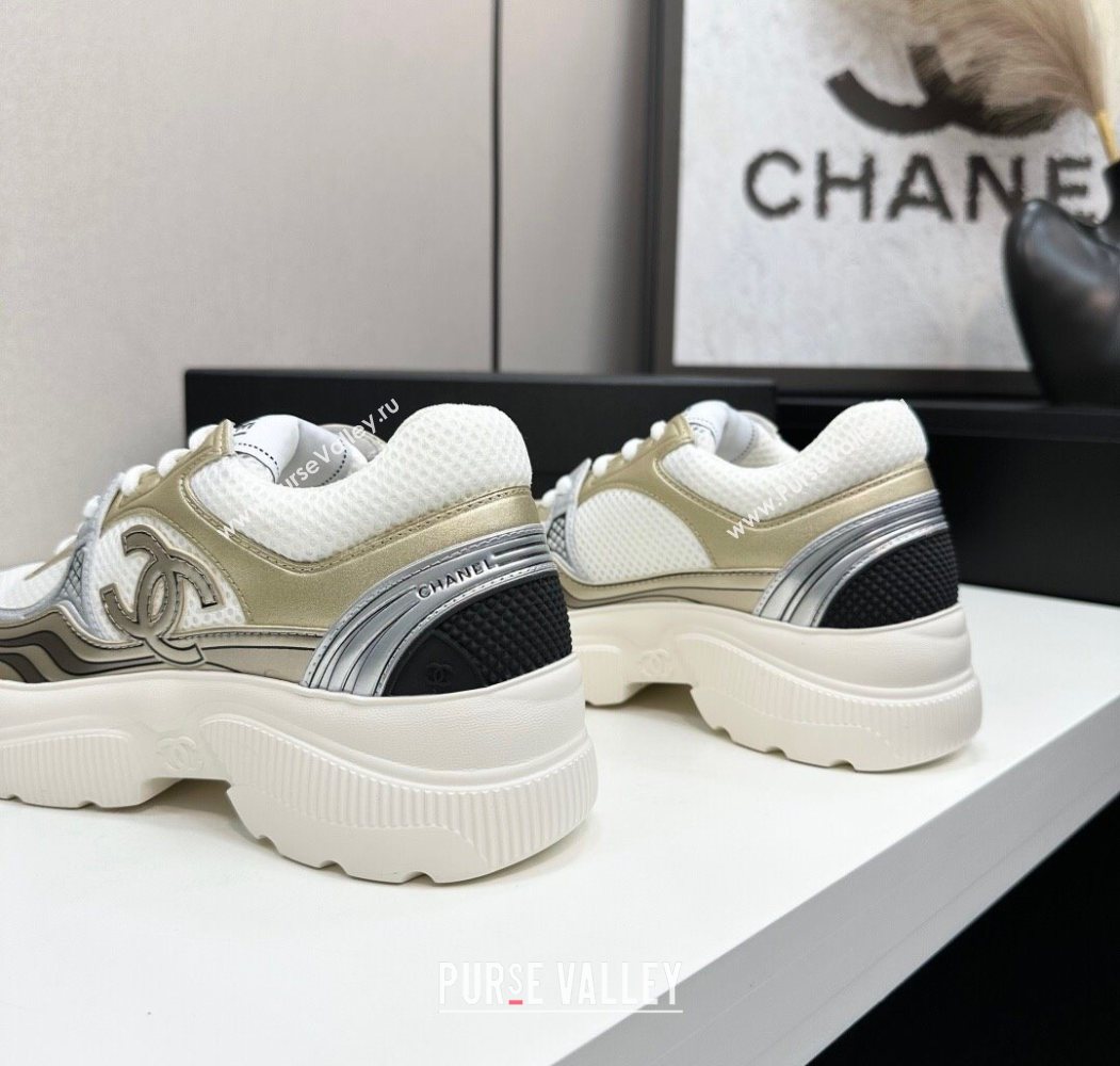 Chanel Calfskin Leather and Mesh Platform Sneakers White/Gold 2025 CH110104 (MD-251101037)
