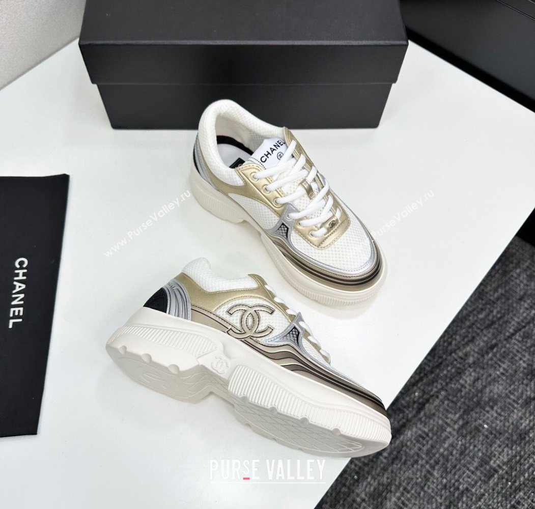 Chanel Calfskin Leather and Mesh Platform Sneakers White/Gold 2025 CH110104 (MD-251101037)