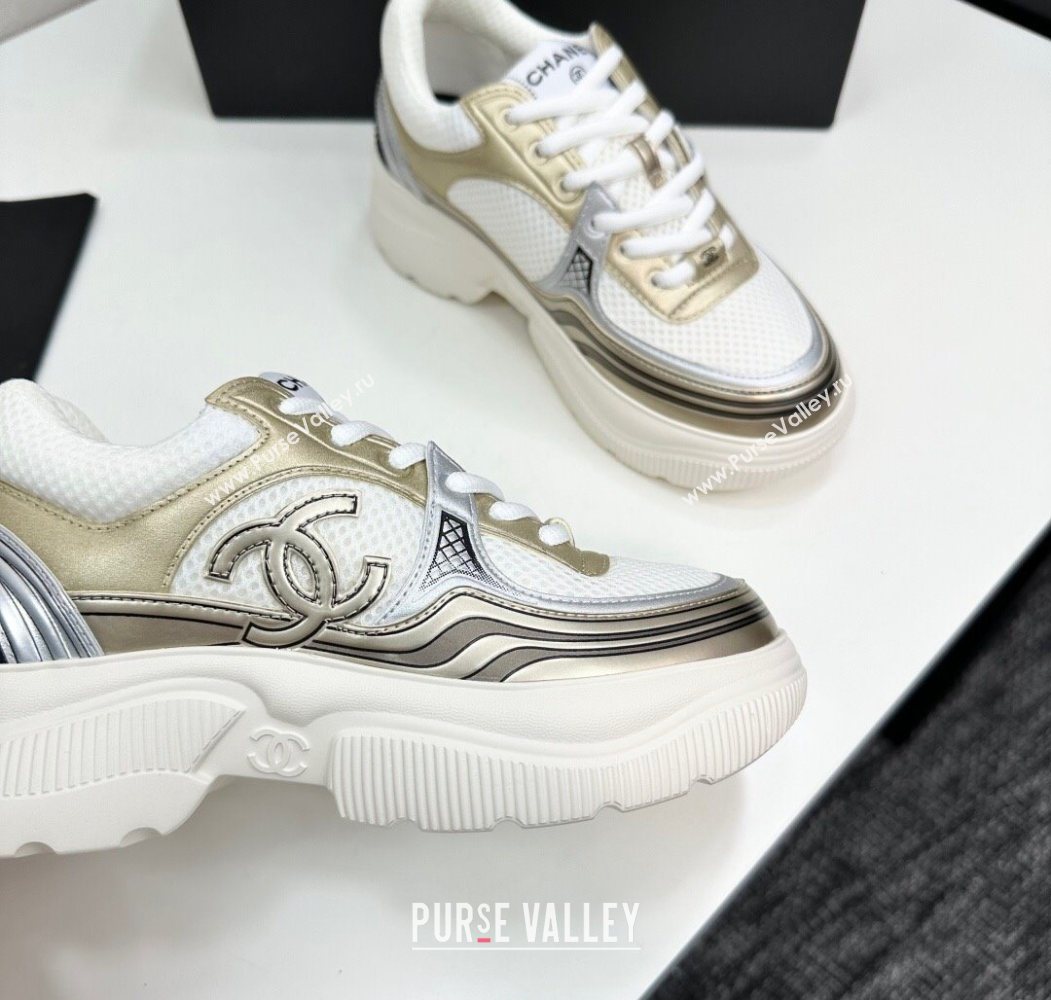 Chanel Calfskin Leather and Mesh Platform Sneakers White/Gold 2025 CH110104 (MD-251101037)