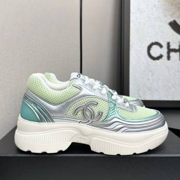Chanel Calfskin Leather and Mesh Platform Sneakers Green/Silver 2025 CH110104 (MD-251101038)