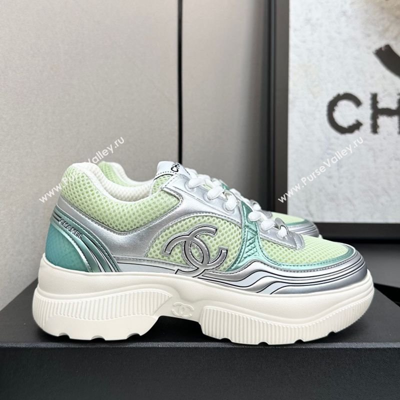 Chanel Calfskin Leather and Mesh Platform Sneakers Green/Silver 2025 CH110104 (MD-251101038)