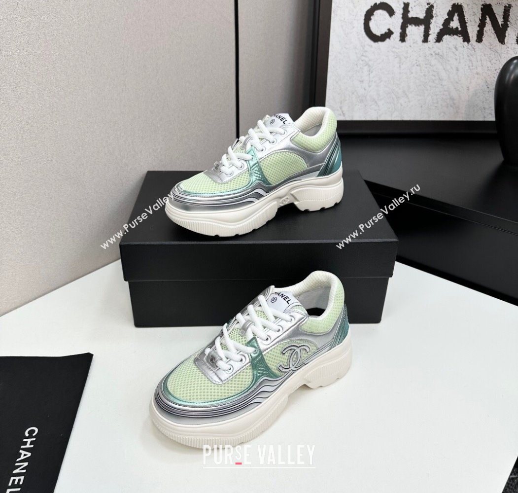 Chanel Calfskin Leather and Mesh Platform Sneakers Green/Silver 2025 CH110104 (MD-251101038)