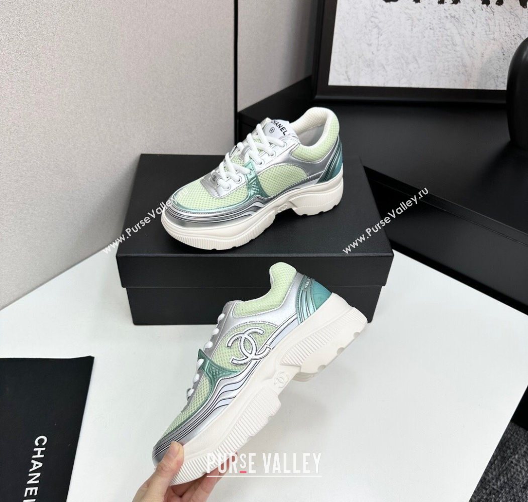 Chanel Calfskin Leather and Mesh Platform Sneakers Green/Silver 2025 CH110104 (MD-251101038)