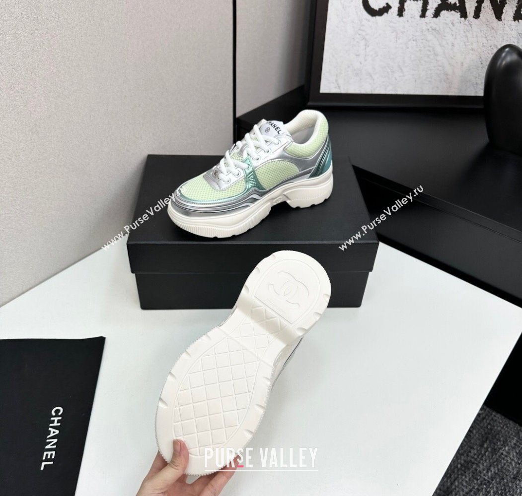 Chanel Calfskin Leather and Mesh Platform Sneakers Green/Silver 2025 CH110104 (MD-251101038)