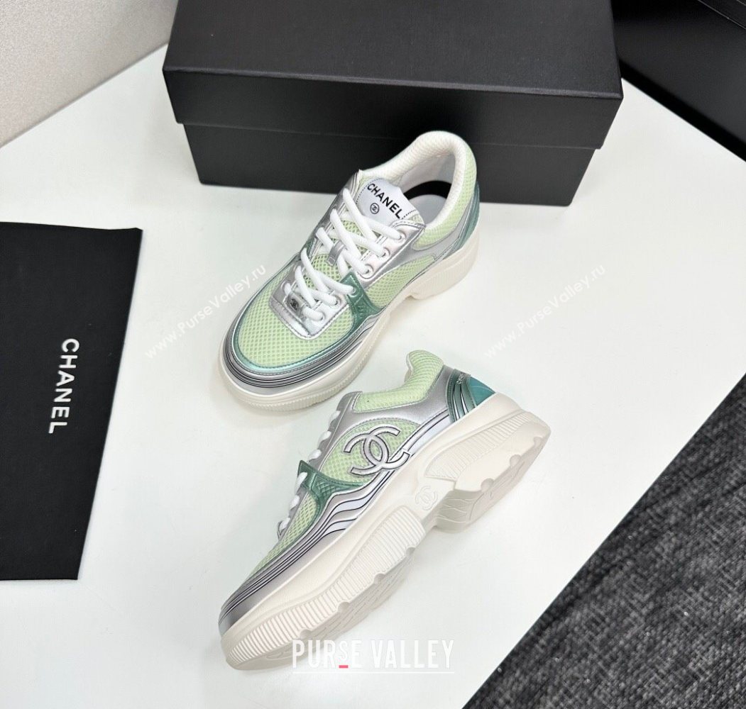 Chanel Calfskin Leather and Mesh Platform Sneakers Green/Silver 2025 CH110104 (MD-251101038)