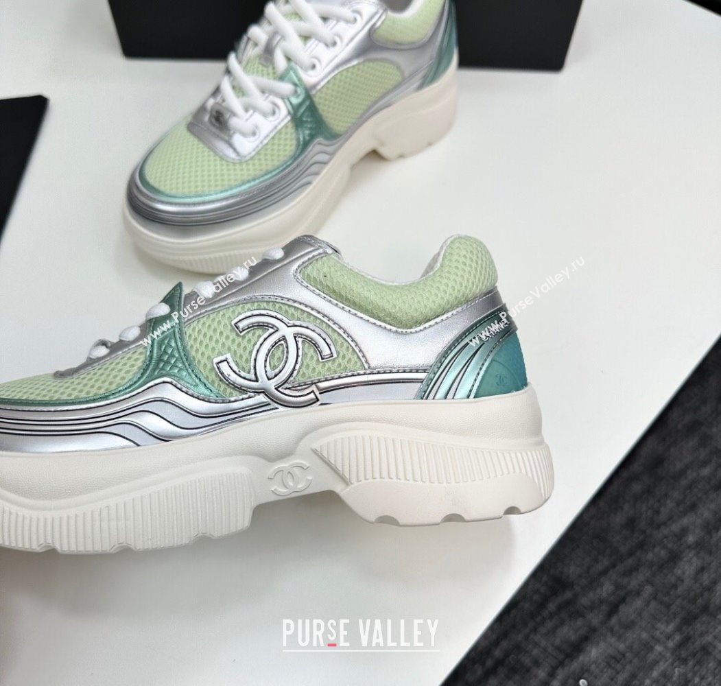 Chanel Calfskin Leather and Mesh Platform Sneakers Green/Silver 2025 CH110104 (MD-251101038)