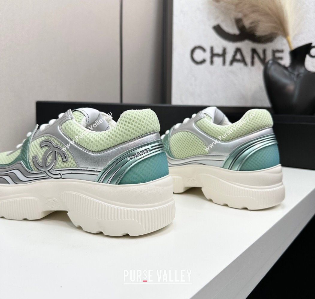 Chanel Calfskin Leather and Mesh Platform Sneakers Green/Silver 2025 CH110104 (MD-251101038)