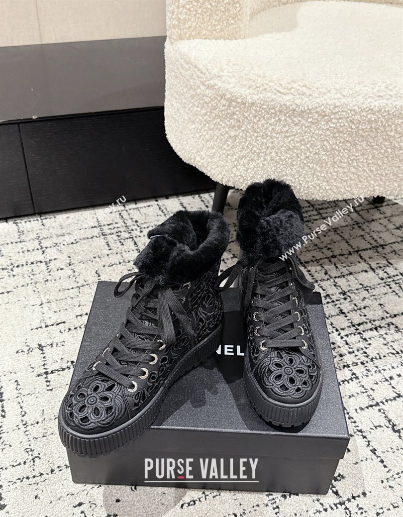 Chanel Openwork Calfskin Leather and Wool High Top Sneakers Black 2025 CH110101 (MD-251101001)