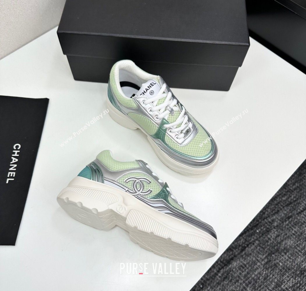 Chanel Calfskin Leather and Mesh Platform Sneakers Green/Silver 2025 CH110104 (MD-251101038)