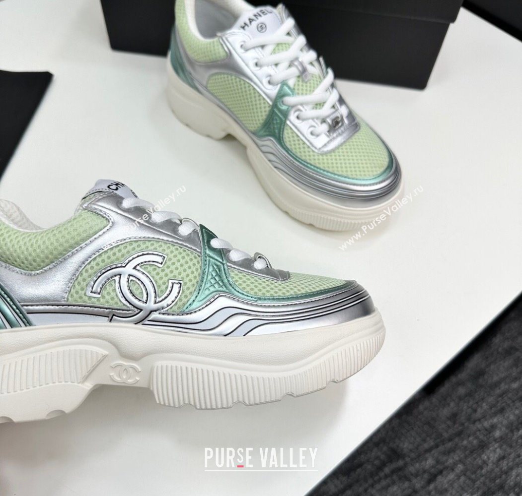 Chanel Calfskin Leather and Mesh Platform Sneakers Green/Silver 2025 CH110104 (MD-251101038)