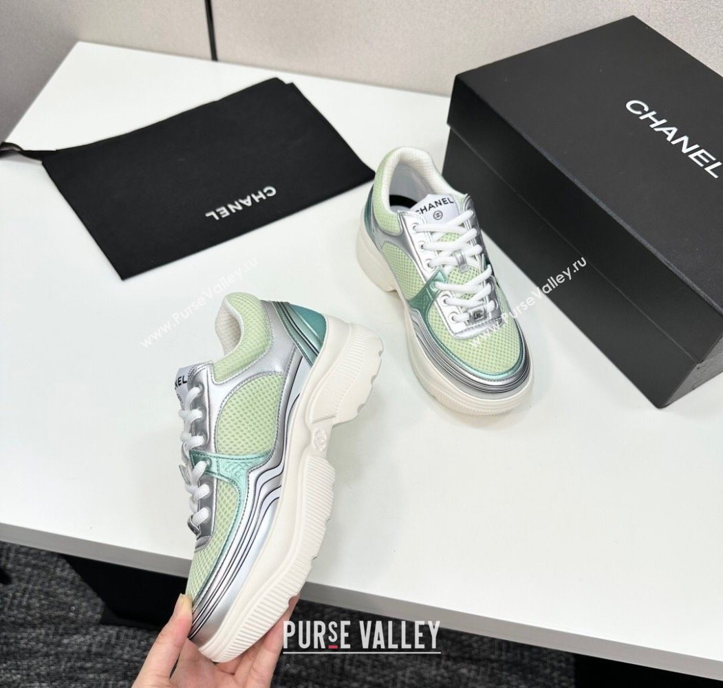 Chanel Calfskin Leather and Mesh Platform Sneakers Green/Silver 2025 CH110104 (MD-251101038)