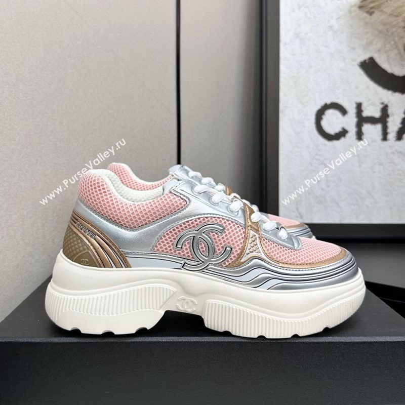 Chanel Calfskin Leather and Mesh Platform Sneakers Pink/Silver 2025 CH110104 (MD-251101039)