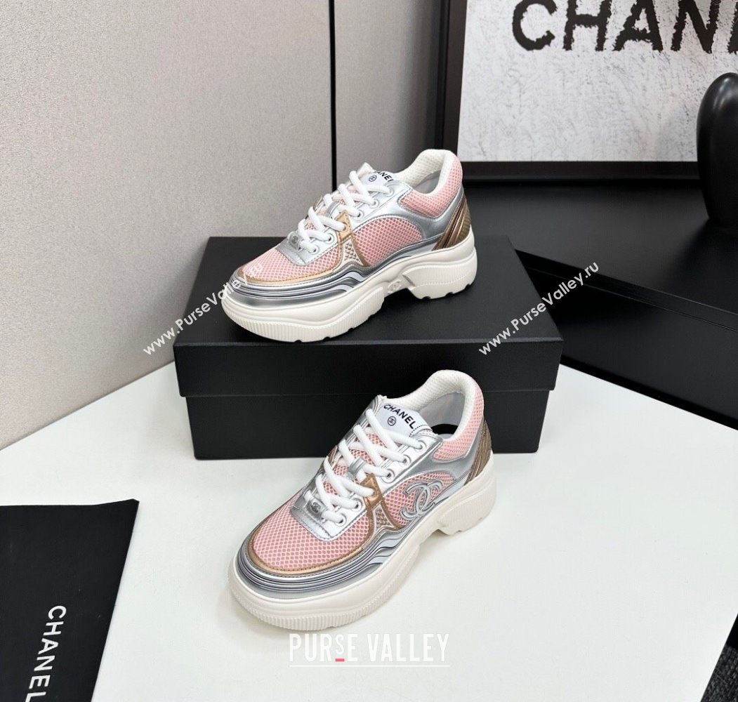 Chanel Calfskin Leather and Mesh Platform Sneakers Pink/Silver 2025 CH110104 (MD-251101039)