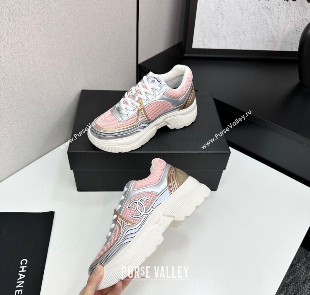 Chanel Calfskin Leather and Mesh Platform Sneakers Pink/Silver 2025 CH110104 (MD-251101039)
