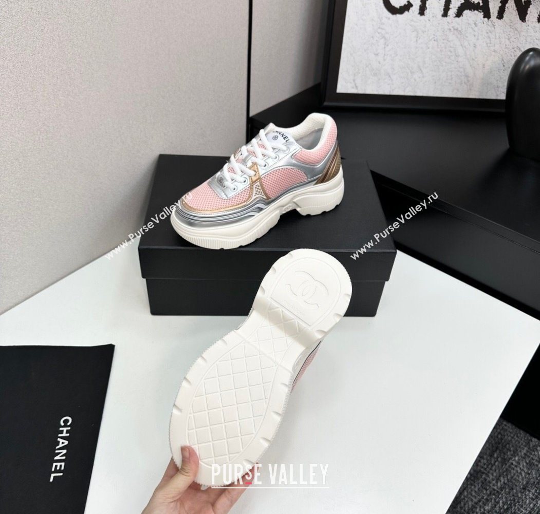 Chanel Calfskin Leather and Mesh Platform Sneakers Pink/Silver 2025 CH110104 (MD-251101039)