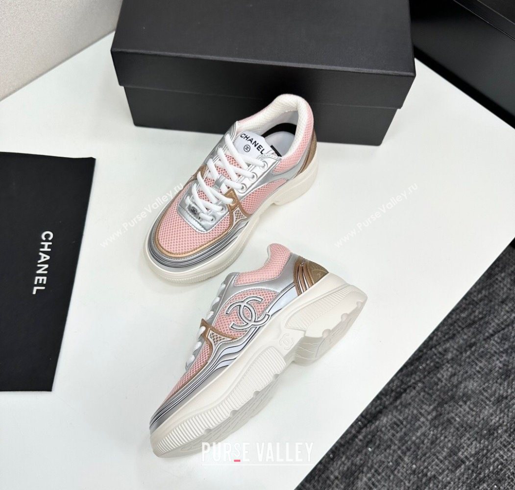 Chanel Calfskin Leather and Mesh Platform Sneakers Pink/Silver 2025 CH110104 (MD-251101039)