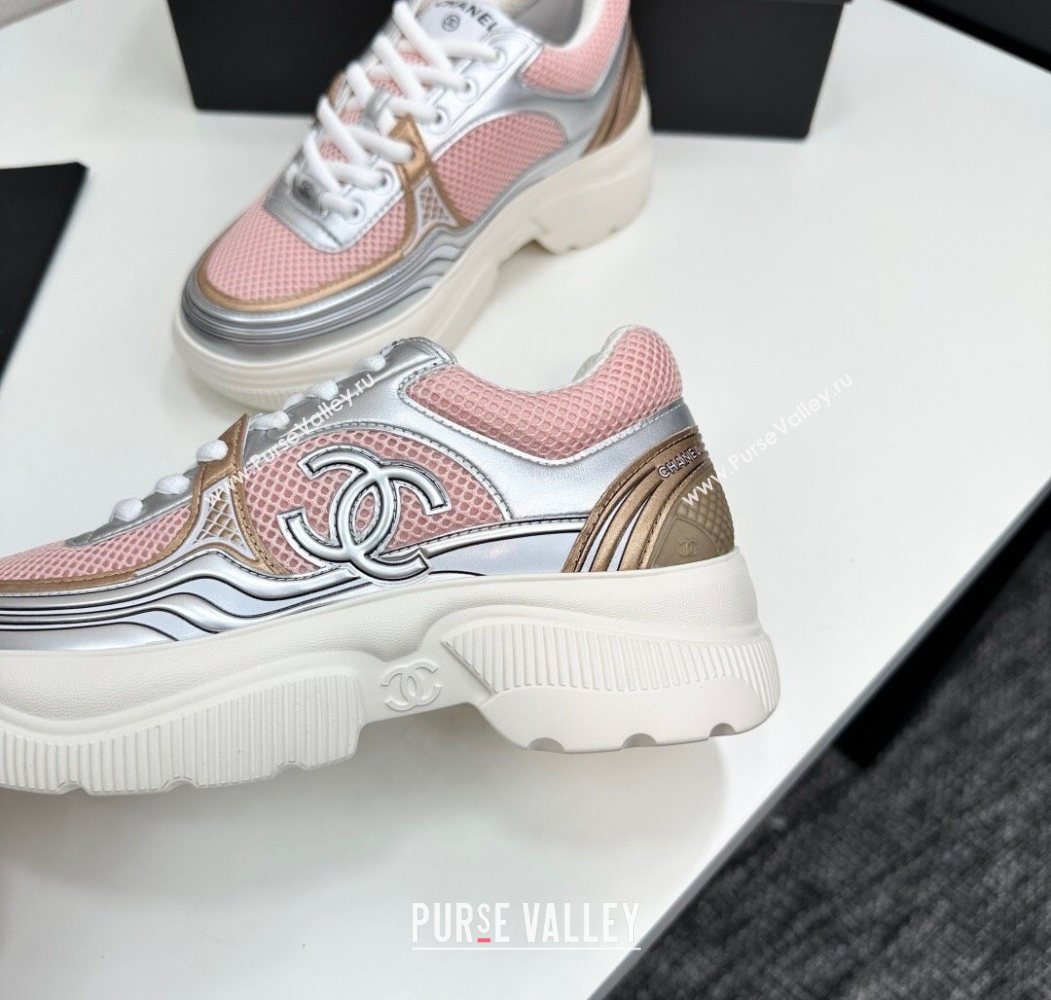 Chanel Calfskin Leather and Mesh Platform Sneakers Pink/Silver 2025 CH110104 (MD-251101039)