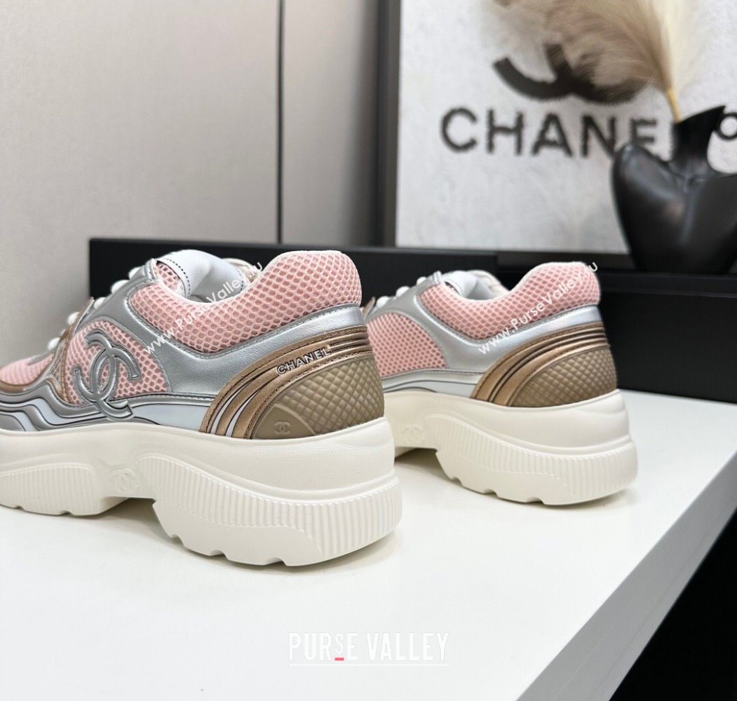 Chanel Calfskin Leather and Mesh Platform Sneakers Pink/Silver 2025 CH110104 (MD-251101039)