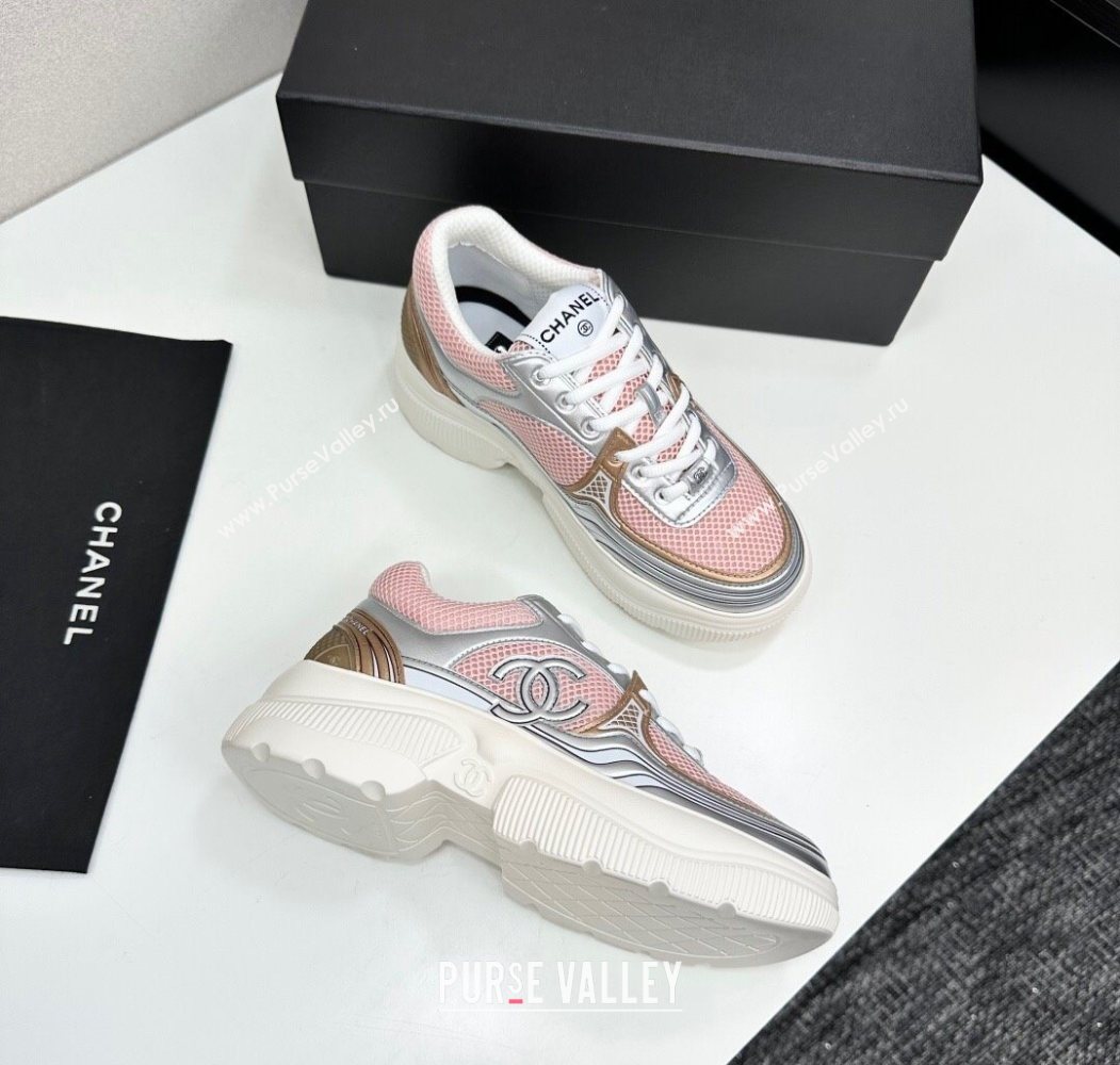 Chanel Calfskin Leather and Mesh Platform Sneakers Pink/Silver 2025 CH110104 (MD-251101039)