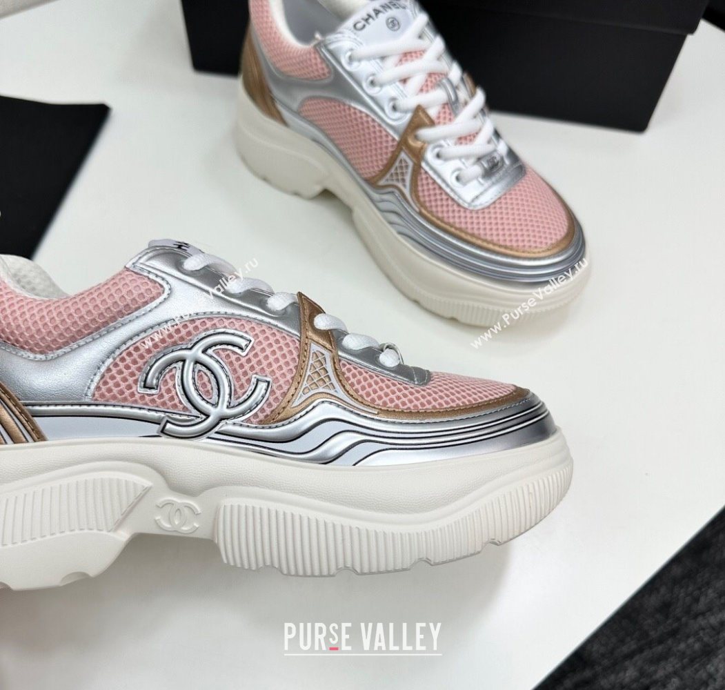 Chanel Calfskin Leather and Mesh Platform Sneakers Pink/Silver 2025 CH110104 (MD-251101039)