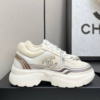 Chanel Calfskin Leather and Mesh Platform Sneakers Beige/Silver 2025 CH110104 (MD-251101040)