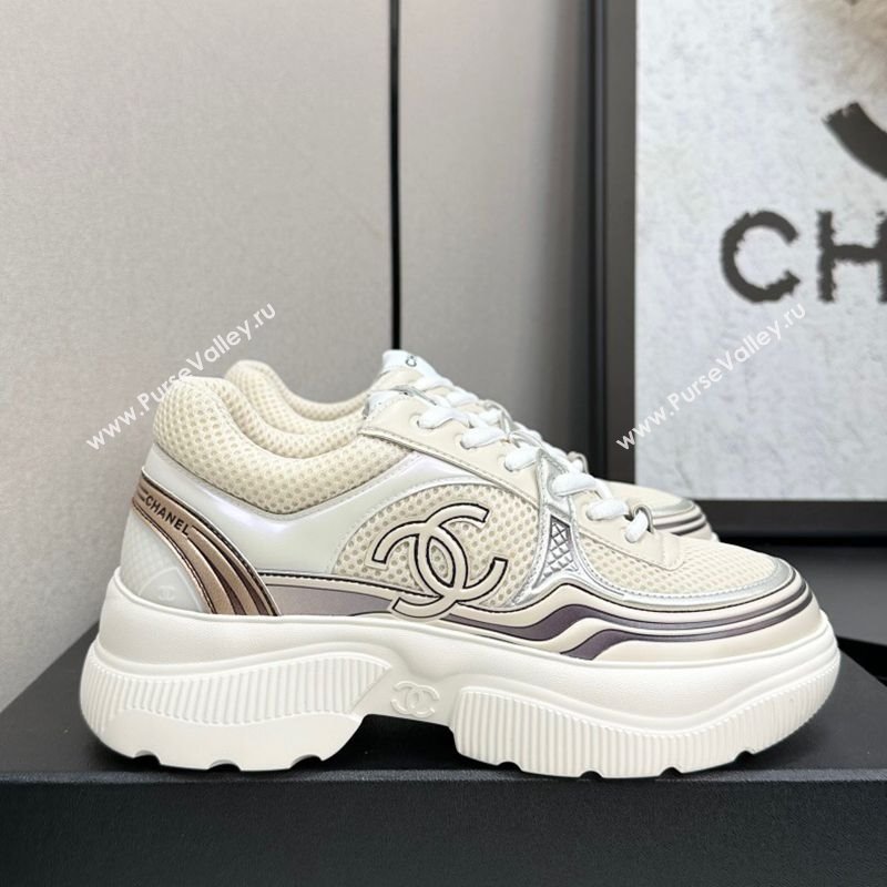 Chanel Calfskin Leather and Mesh Platform Sneakers Beige/Silver 2025 CH110104 (MD-251101040)