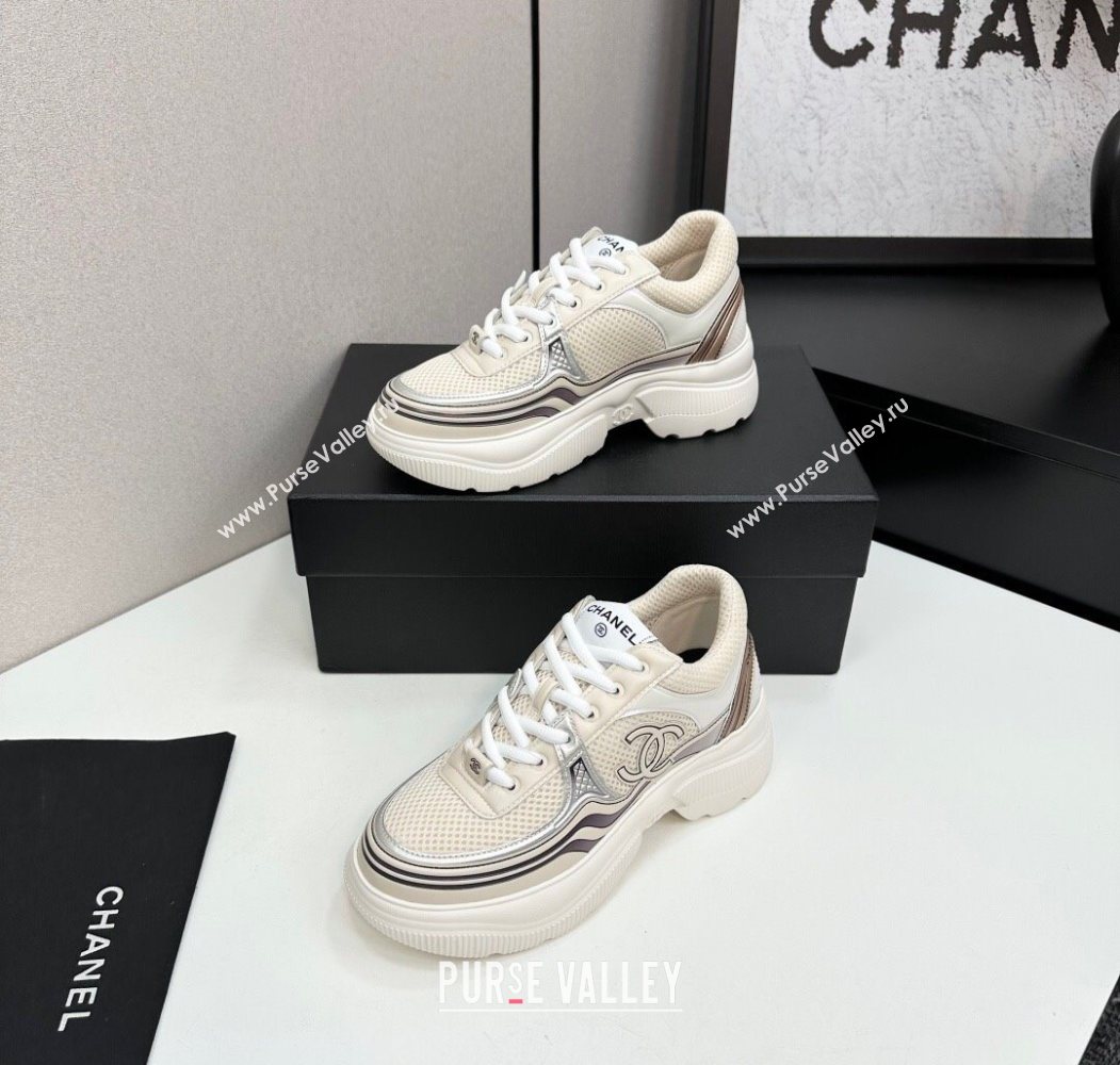 Chanel Calfskin Leather and Mesh Platform Sneakers Beige/Silver 2025 CH110104 (MD-251101040)