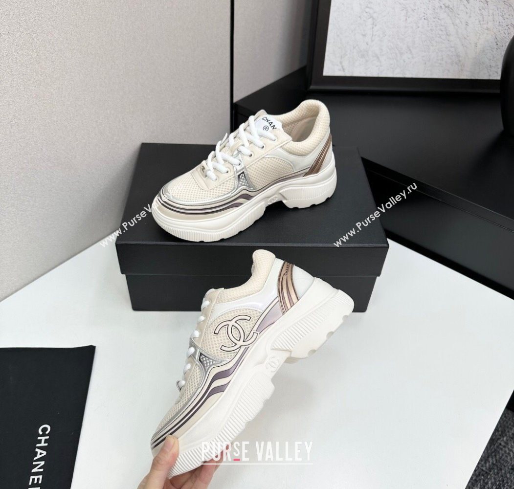 Chanel Calfskin Leather and Mesh Platform Sneakers Beige/Silver 2025 CH110104 (MD-251101040)