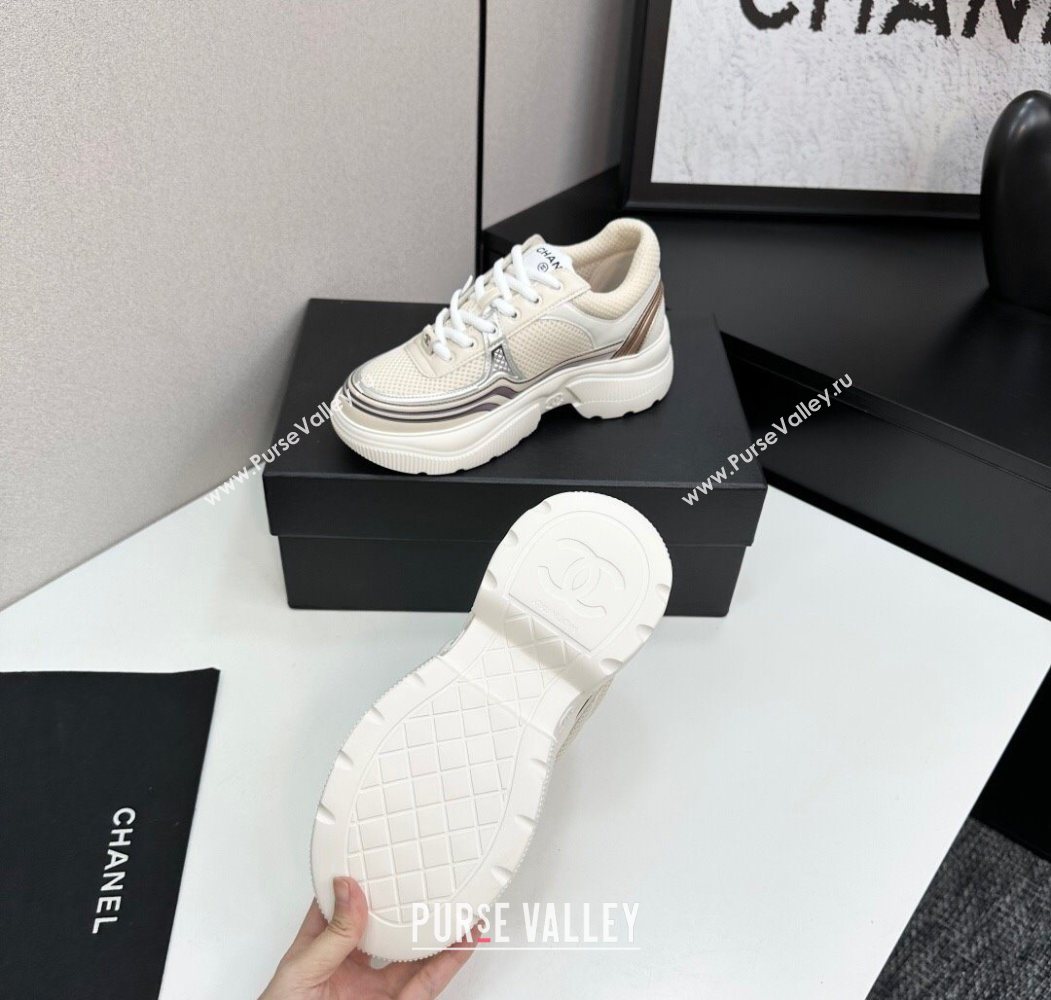 Chanel Calfskin Leather and Mesh Platform Sneakers Beige/Silver 2025 CH110104 (MD-251101040)