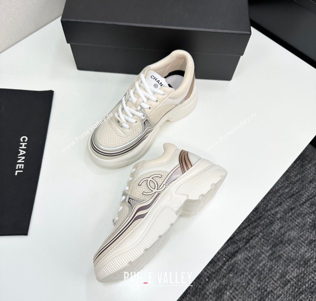 Chanel Calfskin Leather and Mesh Platform Sneakers Beige/Silver 2025 CH110104 (MD-251101040)