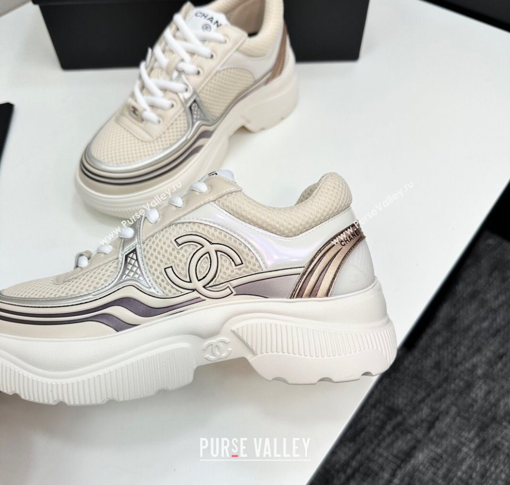 Chanel Calfskin Leather and Mesh Platform Sneakers Beige/Silver 2025 CH110104 (MD-251101040)